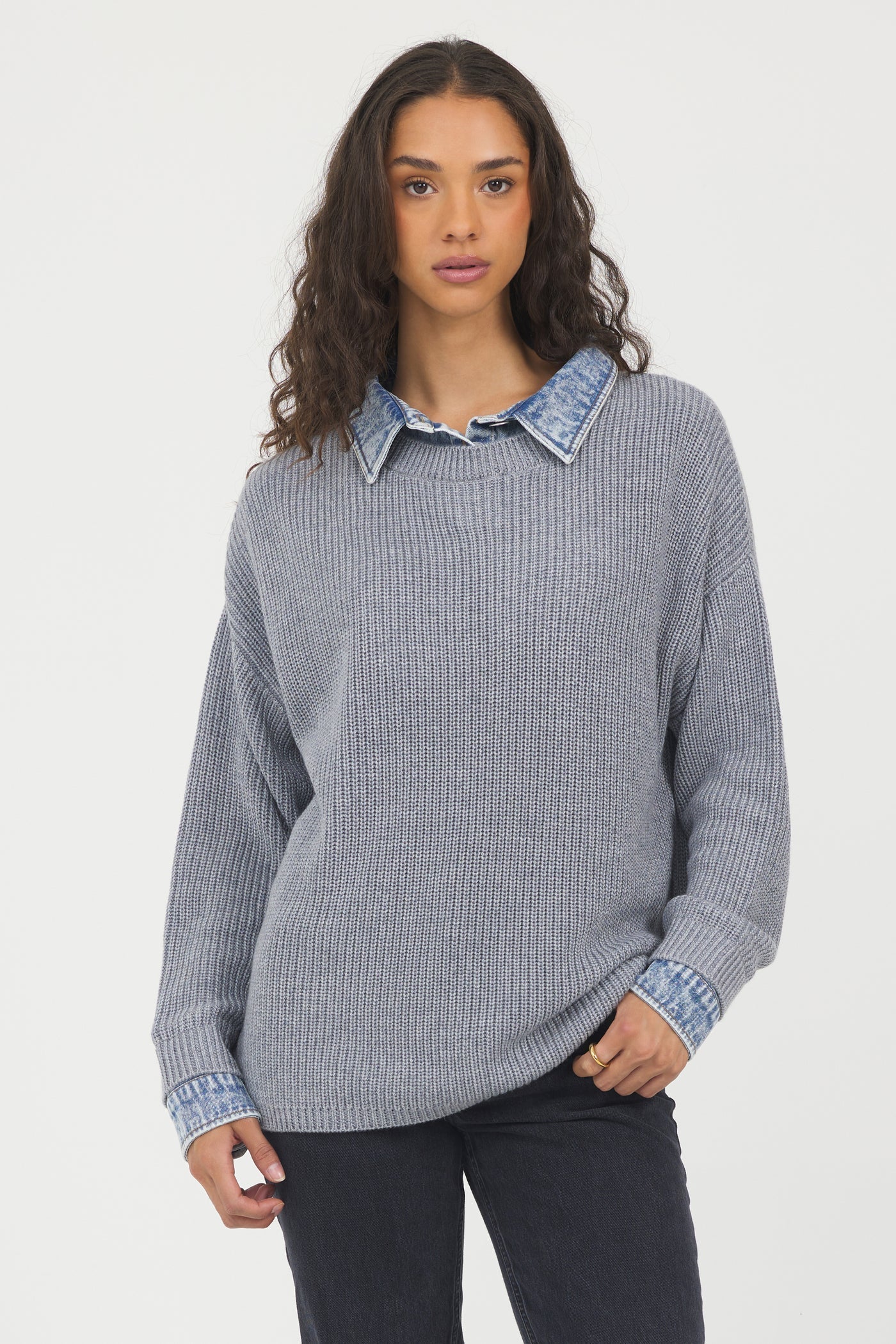 Grey Sweater Denim Detail