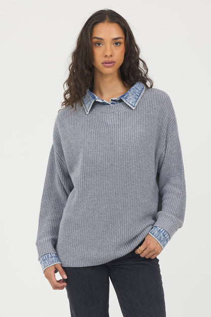 Grey Sweater Denim Detail