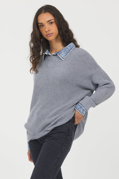 Grey Sweater Denim Detail