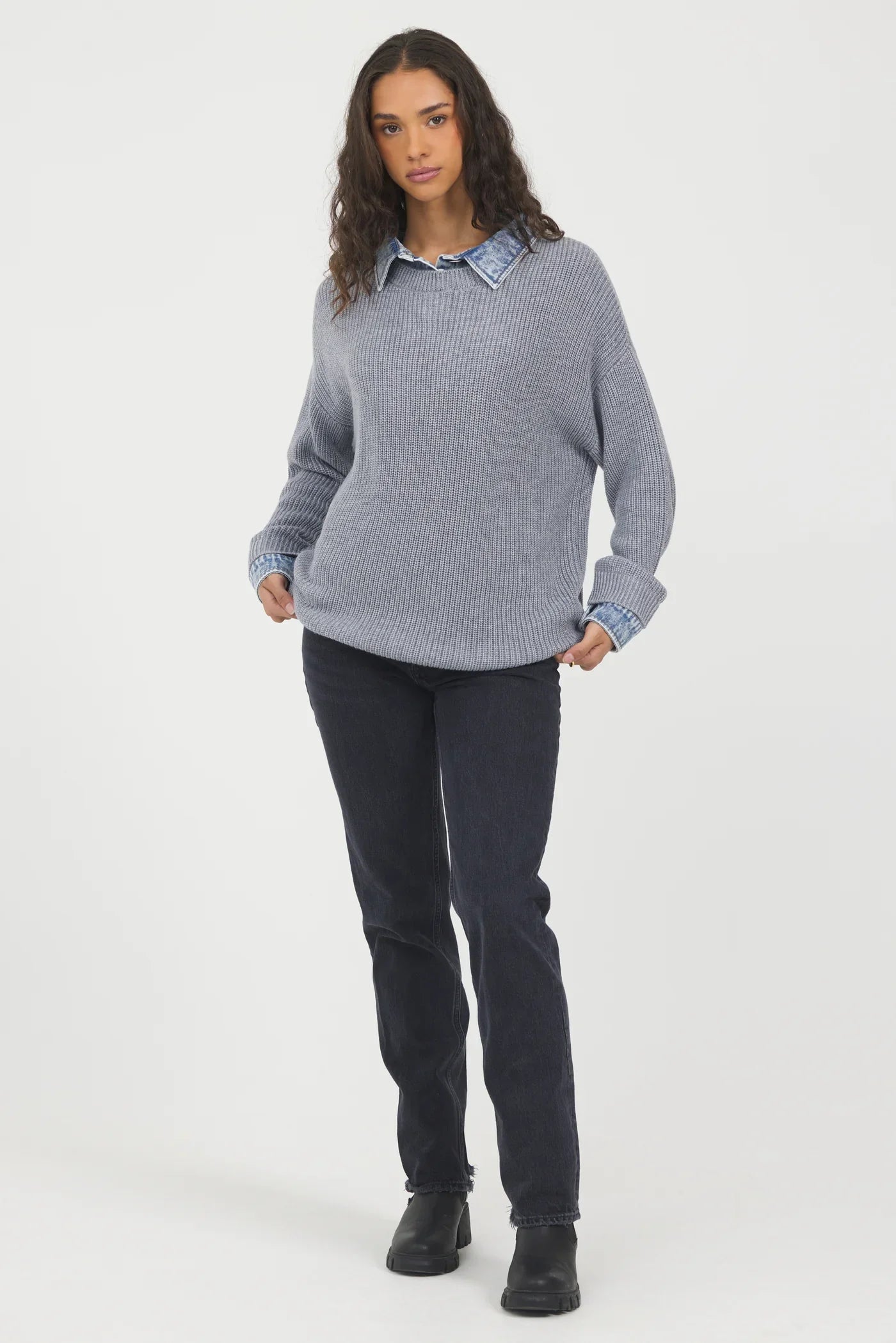 Grey Sweater Denim Detail